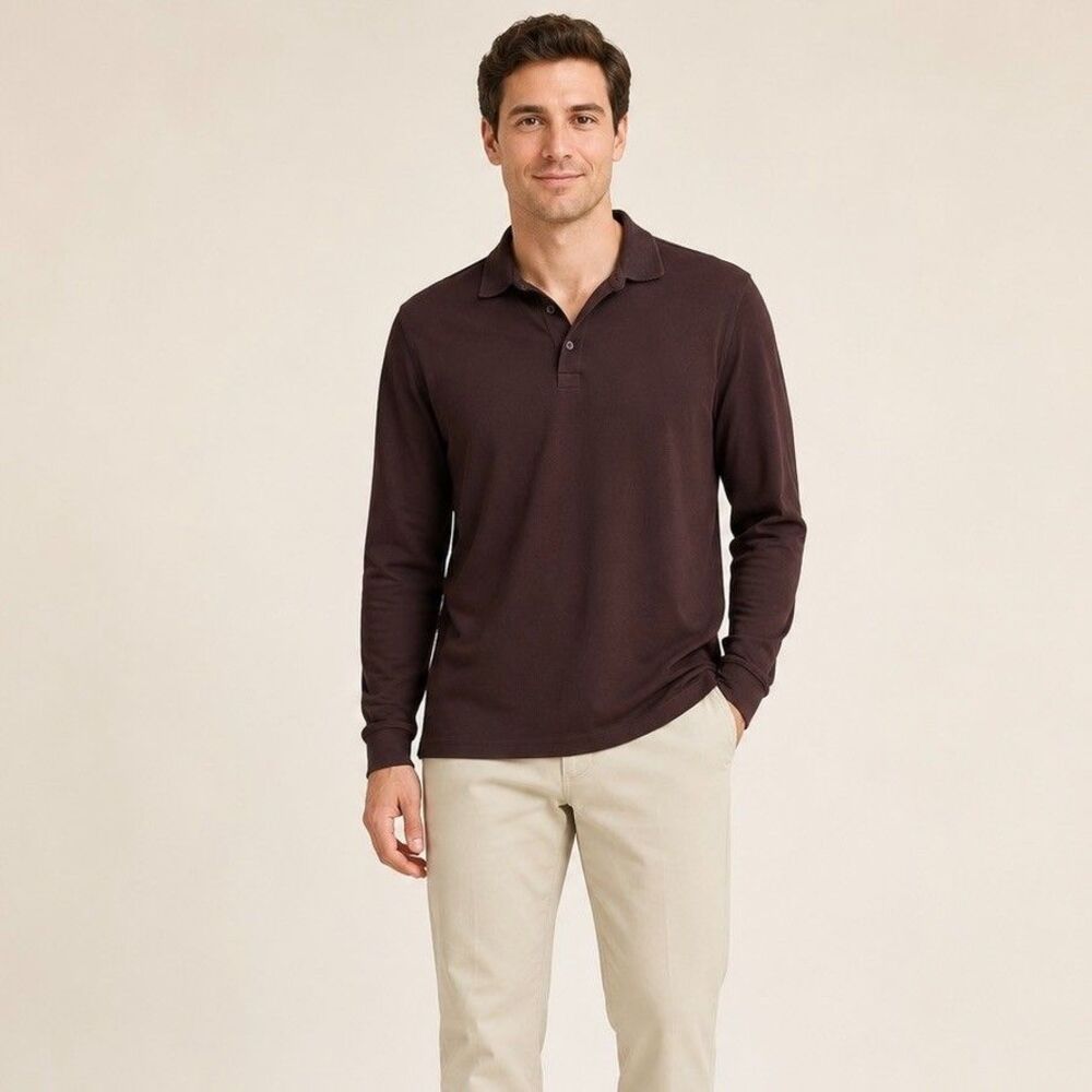 Robert Barakett Long Sleeve 100% Pima Cotton Polo Shirt Mens S Brown Minimalist